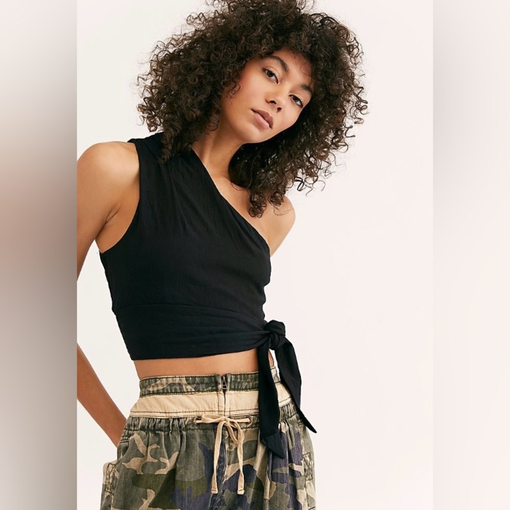 Black One-Shoulder Tie Top